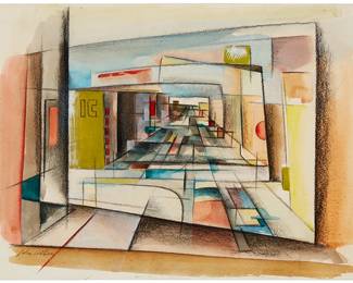 211
John Wilson
1922-2015
"Downtown Los Angeles," Circa 1952
Mixed media on sketching board
Signed lower left: John Wilson; signed again and titled in ink on the board, verso; titled again on the artist's label affixed to the frame's backing board
Sheet: 11" H x 15.75" W
Estimate: $3,000 - $5,000