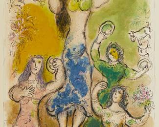 28
Marc Chagall
1887-1985
"Miriam Took A Timbrell" From "The Story Of Exodus," 1966
Lithograph in colors on wove paper, watermark Arches
From the edition of 250 on Arches (there were also 20 artist proofs on Japanese paper)
Unsigned
Sight: 19" H x 14" W
Estimate: $400 - $600