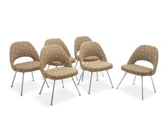 212
Eero Saarinen (1910-1961)
Six No. 72 Executive side chairs for Knoll, 21st century
Designed 1948
Each with Knoll tag to underside
Each upholstered in brown Eames small dot jacquard fabric and set upon four chromed metal legs
8 pieces
Each: 31.25" H x 22.75" W x 20.5" D
Estimate: $700 - $900
