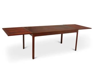 192
Mid-20th century
A Danish Modern Dining Table
Appears unmarked
The teak wood table with opposed drop leaves on brass hinges
Stored: 28.5" H x 61" W x 33.125"; Extended: 106" W
Estimate: $700 - $900