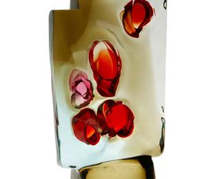 94
Alfredo Barbini (1912-2007)
A block glass "Volcano" sculpture, circa 1950s; Venice, Italy
Acid-etched signature to side of base: A. Barbini; sticker to side of base: Barbini / Murano
The Murano glass sculpture with punctured red pockets
14.875" H x 7" W x 3.5" D
Estimate: $1,200 - $1,800