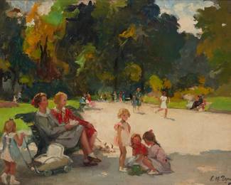 125
Paul Michel Dupuy
1869-1949
Woman And Children At The Park
Oil on canvas
Signed and dated lower right: P.M. Dupuy; indistinctly inscribed in French at the upper portion of the stretcher, possibly in another hand
24" H x 32" W
Estimate: $2,000 - $3,000