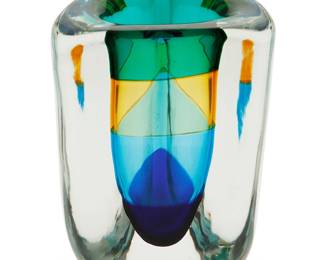 98
Fulvio Bianconi (1915-1996)
A fasce sommerso glass vase for Venini, 1998; Venice, Italy
Acid etched to underside: Venini / Fulvio Bianconi / 1998/4
The vase with "orizzontale" bands of blue, teal, yellow, and green
11" H x 6.25" W x 6" D
Estimate: $600 - $900
