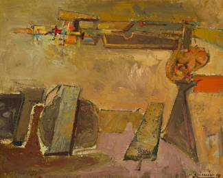 197
Hans Burkhardt
1904-1994
"Journey To The Unknown," 1969
Oil on canvas
Signed and dated lower right: H. Burkhardt; titled on a label affixed to the stretcher
16" H x 20" W
Estimate: $1,500 - $2,500