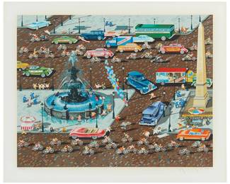 19
Hiro Yamagata
b. 1948
"Tour De France," 1983
Screenprint in colors on wove paper
Edition: LXXV/LXXV
Signed and numbered in pencil in the lower margin: H. Yamagata; with the Martin Lawrence Limited Editions, Inc, pub., blindstamp in the lower margin, at left; an unidentified blindstamp in the lower left margin corner; titled and dated on the frame plaque
Image: 24" H x 31" W; Sight: 28.5" H x 35" W
Estimate: $500 - $700