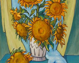 208
Tarmo Pasto
1906-1986
"Seven Sunflowers," 1973
Oil on canvas
Signed and dated lower right: Tarmo Pasto; titled on a piece of brown paper affixed to the frame, verso
36" H x 30" W
Estimate: $800 - $1,200
