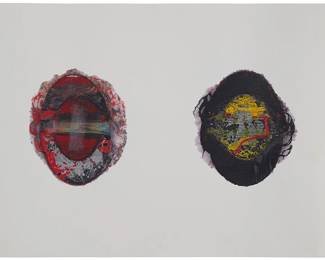 44
Larry Bell
b. 1939
Untitled (Fractions Diptych), 2006
Mixed media on sturdy wove paper
Edition: 29/75
Signed, dated, and numbered in pencil near the center of the lower edge: L. Bell; unidentified blue ink stamped initials, and with a pencil work number LB-1-2001, both on the verso of the lower right margin corner
Sheet: 22" H x 31.5" W
Estimate: $800 - $1,200