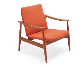 136
Finn Juhl (1912-1989)
Model 138 armchair for France & Sons, mid-20th century; Denmark
With metal tag to underside: FF C France / 6302778
The chair with teak wood frame, sculpted curvilinear arm rests, an articulated back with swiveling action mounted to arms, and orange upholstered cushions
30" H x 27" W x 29" D
Estimate: $1,200 - $1,800