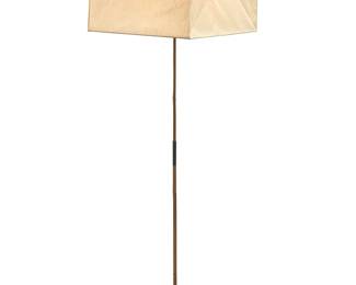 108
Isamu Noguchi (1904-1988)
A Model BB3-X3 Bamboo floor lamp for Akari, late 20th century
Stamped to underside of base: Made in Japan; shade marked: I. Noguchi / [Akari logo] / Japan
The single-light lamp with pull chain switch and bamboo-form rod with coiled string segment at the middle, mounted on a bulbous black painted metal base, surmounted by an updated square paper replacement shade purchased 2023 from the Noguchi Museum in Long Island City, New York, electrified
Overall: 65.5" H x 18.325" W x 18.325" D; Shade open: 12" H
Estimate: $1,200 - $1,800