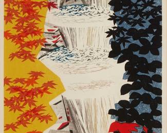 248
Okiie Hashimoto
1899-1993
"Stepped Waterfall (Dandan No Taki)," 1969
Woodcut in colors on Japanese paper
Edition: 13/80
Signed, titled in Japanese, dated, and numbered in pencil, all in the lower margin: Okiie Hashimoto; with the artist's red seal in the lower left corner of the image; Japanese characters printed in red along the lower portion of the right margin
Image: 23.5" H x 19.125" W; Sight: 24" H x 24" W
Estimate: $500 - $700