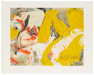 43
Willem De Kooning
1904-1997
"The Man And The Big Blonde," 1982
Offset lithograph in colors on wove paper
Edition: XXVI/CL (there was also a numbered edition of 50 and an edition of 15 artist proofs)
Signed in the plate: de Kooning; numbered in Roman numerals in pencil in the image at the lower left; with the Rainbow Art Foundation, Inc., New York, NY, pub., blindstamp in the lower margin, at left
Image: 21" H x 27" W; Sheet (as displayed): 26.5" H x 33.50" W
Estimate: $4,000 - $6,000
