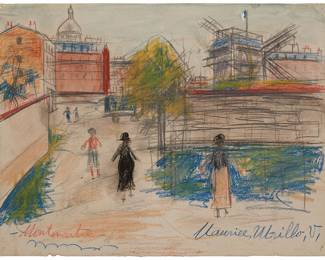 33
Maurice Utrillo
1883-1955
"Montmartre"
Pastel with graphite and watercolor on paper laid to board
Signed lower right: Maurice, Utrillo, V.; titled lower left; with an erased inscription or dedication near the center of the lower edge
Image/Sheet: 10.75" H x 14" W
Estimate: $10,000 - $15,000