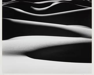 273
Bruce Barnbaum
b. 1943
"Dune Ridges At Sunrise, Death Valley," 1976
Gelatin silver print on paper mounted to a board mount
Signed and dated in pencil at the lower edge of the board mount: Barnbaum; the artist's archival ink stamp with the negative number "45-1394A," title, and year of the negative exposure, "1976/1980," all in pencil on the verso
Image/Sheet: 10.75" H x 13" W
Estimate: $400 - $600