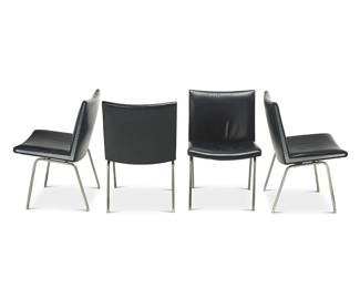 153
Hans Wegner (1914-2007)
Four AP-38 Airport chairs for A. P. Stolen, 1960s
Each appears unmarked
Designed 1958
Each with polished steel frame upholstered in black leather
4 pieces
Each: 31" H x 19.75" W x 22" D
Estimate: $800 - $1,200