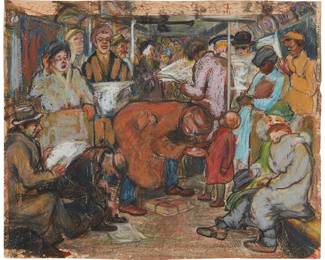 149
Edward T. Deutsch
1901-1981
"Subway - N.Y. City"
Conte crayon, oil pastel, and pencil on paper
Signed very faintly at the lower left: Edw. T. Deutsch; titled lower right; signed "E. T. Deutsch" and titled again "N. Y. Subway," both possibly in another hand, verso
Image/Sheet: 7.75 " H x 9.5" W
Estimate: $1,000 - $2,000