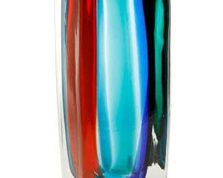 156
Late 20th century; Venice, Italy
A Venini Fasce Sommerso Glass Vase
Acid etched to underside: Venini / P. d. P.; with sticker to side: Venini Murano / Made in Italy
After the original "orizzontale" design by Fulvio Bianconi (1915-1996) the heavy glass vase with "verticale" bands of red, green, and blue
13.325" H x 7.5" W x 4.75" D
Estimate: $700 - $900