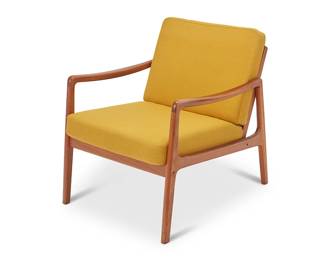 137
Ole Wanscher (1903-1985)
Model 109 armchair for France & Sons, mid-20th century; Denmark
With metal tag to frame under seat cushions: FF C France / 6302653
The chair with teak wood frame, sculpted curvilinear arm rests, spring supported seat, and muted gold upholstered cushions
29.5" H x 25.75" W x 29.75" D
Estimate: $600 - $900
