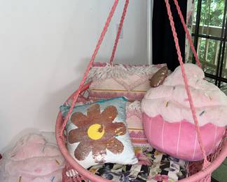 Pink macrame hanging chair with stand 