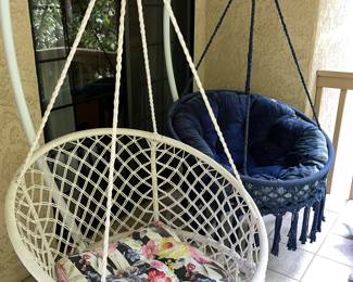 White & Blue hanging macrame chairs with stands 