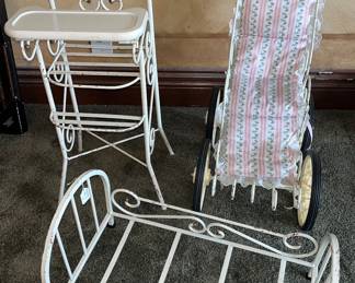 Antique metal doll crib, carriage & highchair 