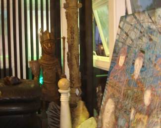 6 ft. Baule drum I. Coast , W.Africa 4 ft. Benin Bronze Nigeria , Lg. Quartz specimen