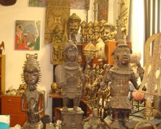 Top left "Grassland Giant" mask Cameroon, W.Africa Sunufo Grainary doors Ivory Coast  W.Africa .....xxxx........  
   Benin Bronze  middle & forward right