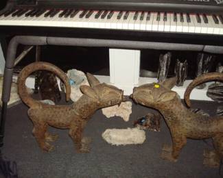 Pair of Benin Bronze Leopards below keyboard ,,, and assorted fossils  & mineral specimens