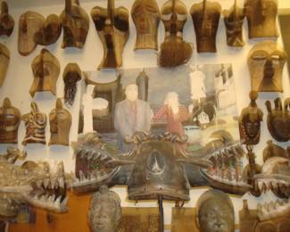 16 Sange "Kefibwe" masks Congo local "Venice" Artist Painting , 3 two-headed "Firespitter Masks" Sunufo , Ivory Coast , W.Africa 2 Benin Bronze Busts , Nigeria W.Africa