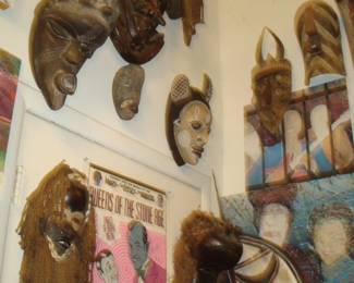 Asst. West African masks "Queen of the stone age" poster Dan mask , Bambara masks etc.  