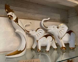 #1004 • (2) Elephant & (1) Parrot Glass Figurines with 24kt Pure Gold Accents