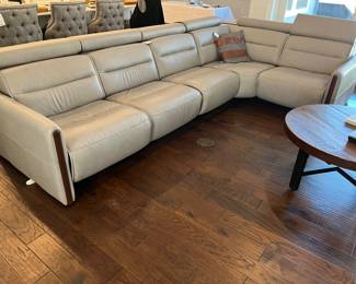 Ekornes Stressless "Emily" sectional sofa.  One power end, one stationary end.  Dove grey leather, very nice condition. 