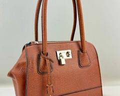 LONDON FOG Brown Leather Handbag with Silver-tone Hardware and Lock and Key Detail
