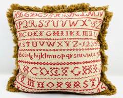 Vintage Sampler Style Accent Pillow with Fancy Trim
