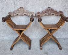 Pair Vintage Italian Savonarola Chairs Carved Wood with Lion Head Arms
