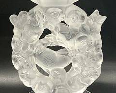 Fine Lalique Crystal Frosted Mesanges Love Birds Wreath Candleholder
