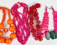 Vintage Mid Century Modern Pink Orange Wooden & Beaded Statement Necklaces

