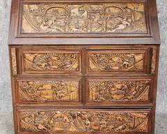 Vintage Asian Carved Drop Leaf secretary Desk

