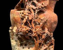 Antique Chinese Hand Carved Soapstone Double Vase Sculpture Flowers & Bird
