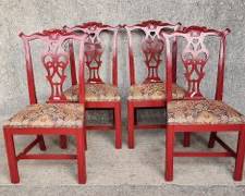 4 20th Century Red Lacquer Chippendale Style Side Chairs
