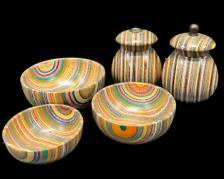 Vintage Mr. Dudley Rainbow Zebra Wood Salt and Pepper shaker and three small bowls MCM Mid century Modern

