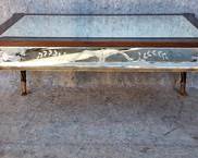 Vintage Mirrored Gilt Painted Beveled Glass Fancy Cocktail Table etchetd glass with Hairy Lion Paw feet Hollywood Regency Style
