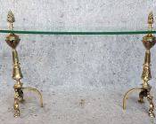 Fancy Vintage Possibly Custom Made Brass Andiron Style Glass Coffee Table
