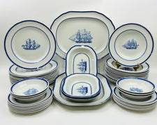 Fine SPODE BLUE CLIPPER HUGE LOT OF DINNER PLATES SERVING PLATTERS BREAD AND BUTTER SHALLOW BOWLS SMALL BOWLS 45 total

