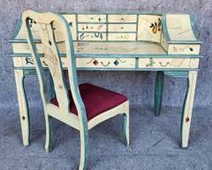 Fantastic Trompe L 'oeil Hand painted Desk with Matching Side Chair Jewels butterflies flowers
