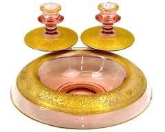 Vintage Cambride Glass Moser Style Era Sandwich Glass Candle Holder & Bowl With Gold Paint Accent and Etched Floral Design
