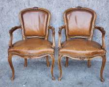 Pair Antique Leather Handcarved French Arm Chairs
