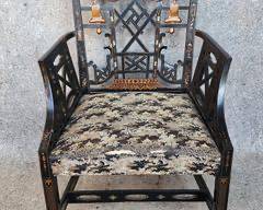 Fantastic Antique Decorative Chippendale Fretwork Arm Chair Hand Carved Hand Painted Chinoiserie Design Pagoda Vines Flowers
