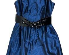 CARMEN MARC VALVO Metallic Blue Taffeta Sleeveless Evening Dress with Black Patent Leather Bow Belt. Sz 10
