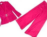 Authentic St, John Evening By Marie Gray Luxury Knitwear 2pc Hot Pink Blazer W/ Rhinestone Clasps And Matching Silk Chiffon Wide Leg Palazzo Pants Size 12
