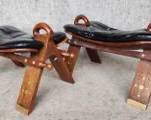 Pair Vintage Middle Eastern MCM Wood Camel Stools eith Leather Cushion
